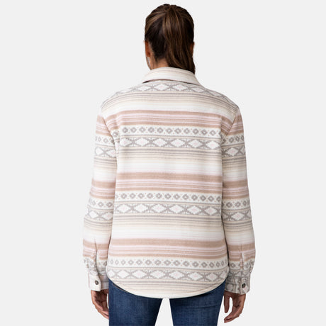 [Shelby is 5'9" wearing a size Small.] Woman wearing the Free Country Women's Chill Out Fleece Shirt Jacket in grey and pink aztec pattern, light-colored background.