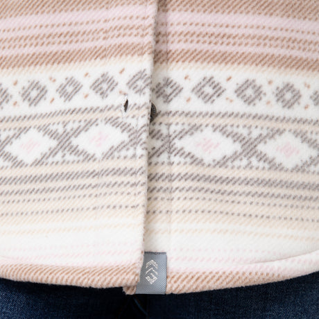 [Shelby is 5'9" wearing a size Small.] Woman wearing the Free Country Women's Chill Out Fleece Shirt Jacket in grey and pink aztec pattern, light-colored background.