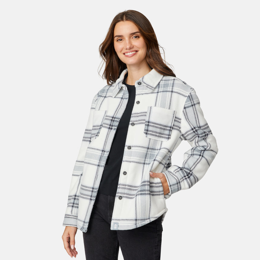 [Jessica is 5'9.5" wearing size S.] Woman wearing a plaid shirt on a white background