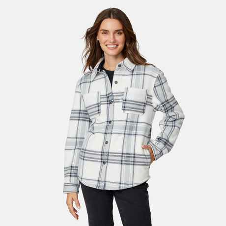[Jessica is 5'9.5" wearing size S.] Woman wearing a plaid shirt on a white background