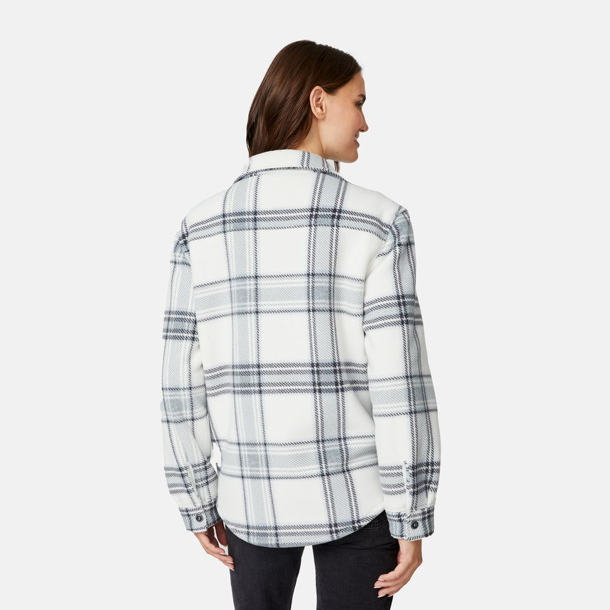 [Jessica is 5'9.5" wearing size S.] Woman wearing a plaid shirt on a white background