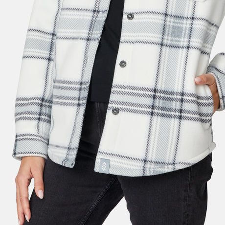 [Jessica is 5'9.5" wearing size S.] Woman wearing a plaid shirt on a white background
