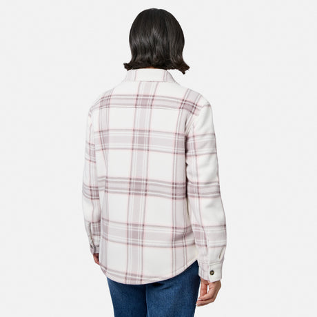 [Model is wearing size S.] A person shown from the back wearing a long-sleeve plaid button-up shirt in off-white with thin pink and gray stripes, paired with blue jeans, against a light gray studio background.