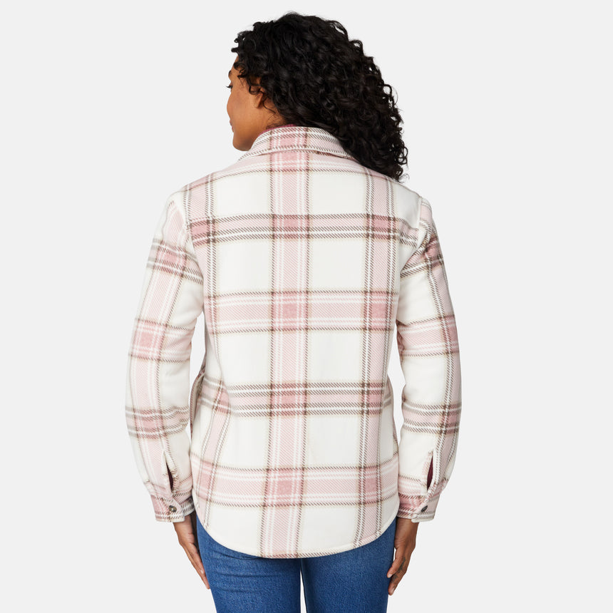 [Angelique is 5'10" wearing size S.] Woman wearing a pink plaid shirt over a turtleneck with a white background