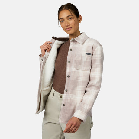 [Model is wearing size S.] A woman modeling a light beige and white plaid button-up shirt jacket with a white sherpa lining, worn over a brown knit sweater and beige pants against a light gray background.