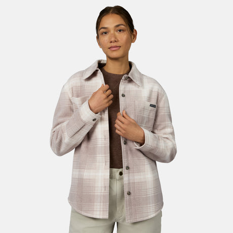 [Model is wearing size S.] A woman modeling a light beige and white plaid button-up overshirt with a brown t-shirt underneath, set against a plain light gray background.