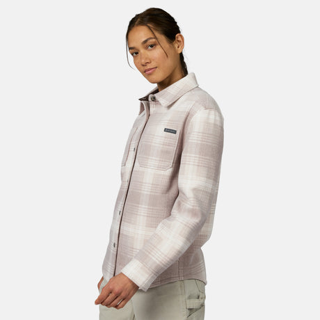 [Model is wearing size S.] A woman wearing a light beige and white plaid button-up shirt with a chest pocket, photographed against a clean white studio background.