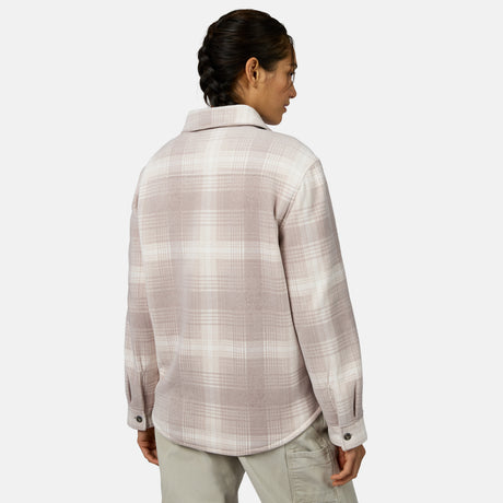 [Model is wearing size S.] A woman shown from the back wearing a light beige and white plaid button-up shirt, paired with light khaki pants, against a plain white studio background.