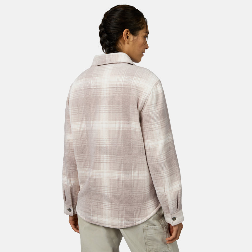[Model is wearing size S.] A woman shown from the back wearing a light beige and white plaid button-up shirt, paired with light khaki pants, against a plain white studio background.