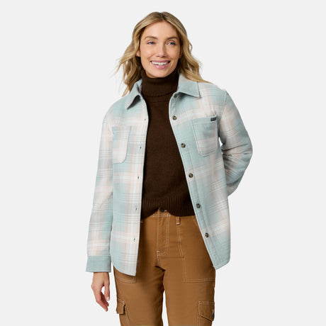 [Model is wearing size S.] A woman modeling a light blue and white plaid button-up overshirt over a dark brown turtleneck sweater and brown cargo pants, set against a plain light gray studio background.