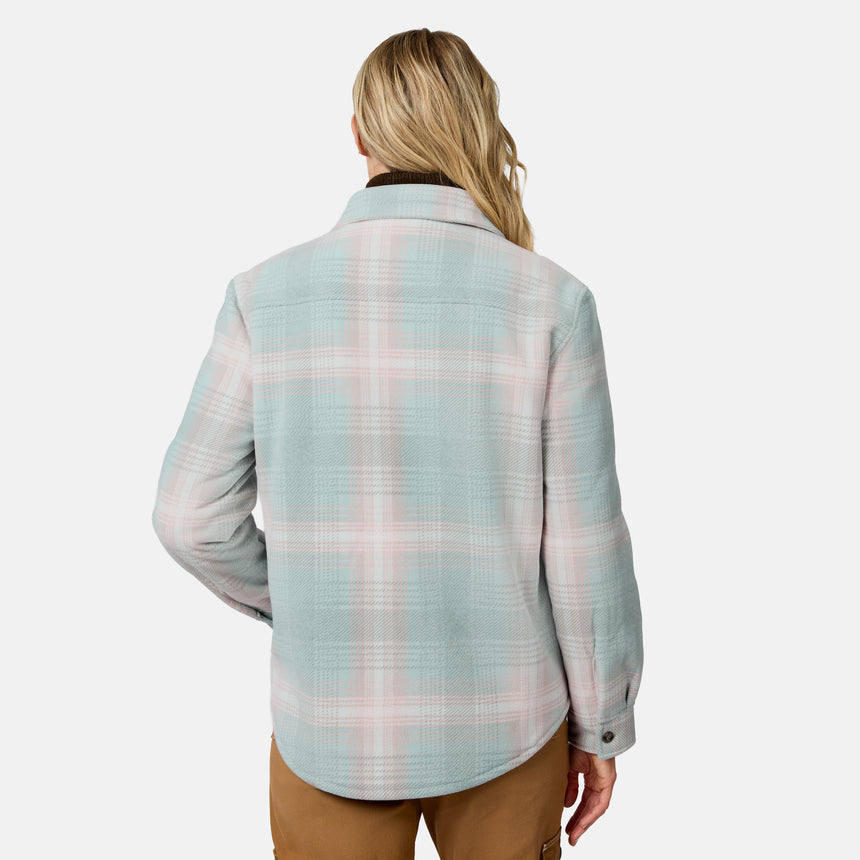 [Model is wearing size S.] A woman shown from the back wearing a light blue and pink plaid button-up shirt, paired with brown pants, against a plain light gray background.