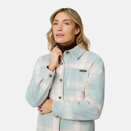 [Model is wearing size S.] A woman modeling a light blue and white plaid button-up shirt jacket over a dark brown turtleneck, photographed against a solid off-white studio background.
