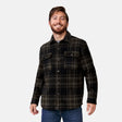 [Adam is 6' wearing a size Medium.] Man wearing Free Country Men's Mountain Ridge Sueded Chill Out Fleece Jacket in dark green with a full front button opening, chest pockets, smiling looking forward, light grey background. Perfect men’s jacket for fall weather.