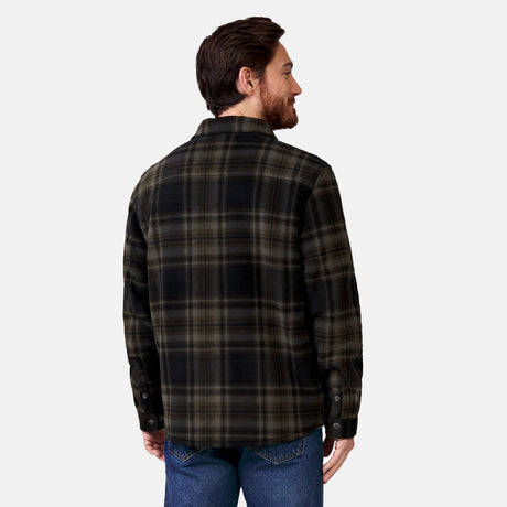[Adam is 6' wearing a size Medium.] Man wearing Free Country Men's Mountain Ridge Sueded Chill Out Fleece Jacket in dark green with a full front button opening, chest pockets, smiling looking forward, light grey background. Perfect men’s jacket for fall weather.