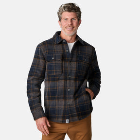 [Kolby is 6'2" wearing size M.] Men’s Free Country plaid button-down shirt in blue and brown checkered pattern, featuring dual chest pockets with button flaps and a relaxed fit. Paired with brown pants for a casual fall-ready look, ideal for outdoor layering.
