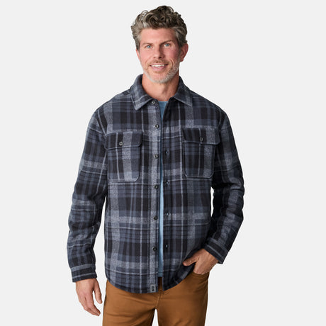 [Kolby is 6'2" wearing size M.] Men’s long-sleeve plaid shirt in dark blue and gray with button front and dual chest pockets — classic outdoor style