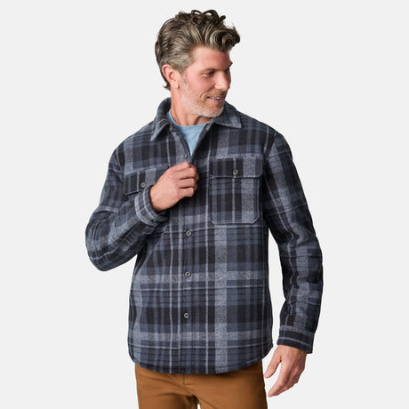 [Kolby is 6'2" wearing size M.] Men’s long-sleeve plaid shirt in dark blue and gray with button front and dual chest pockets — classic outdoor style