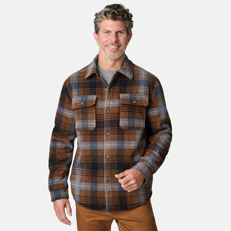 [Kolby is 6'2" wearing size M.] Men’s long-sleeve plaid button-up shirt in brown, black, and gray — features dual chest pockets with button closures and a relaxed fit