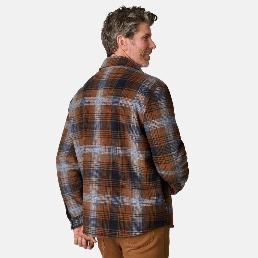 [Kolby is 6'2" wearing size M.] Men’s long-sleeve plaid button-up shirt in brown, black, and gray — features dual chest pockets with button closures and a relaxed fit