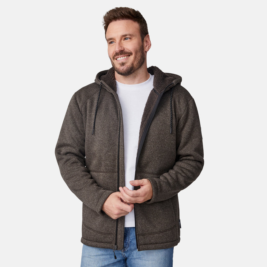 [Joe is 6'0" wearing size M.] Man wearing a brown hooded jacket on a white background