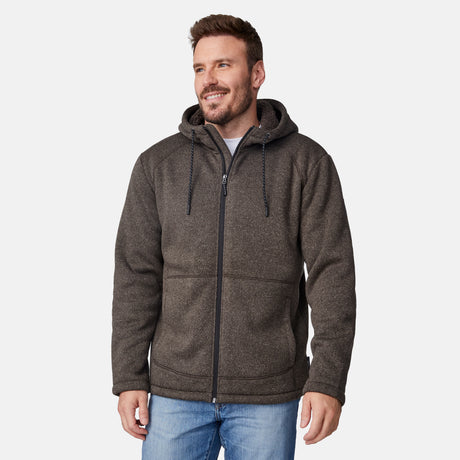 [Joe is 6'0" wearing size M.] Man wearing a brown hooded jacket on a white background