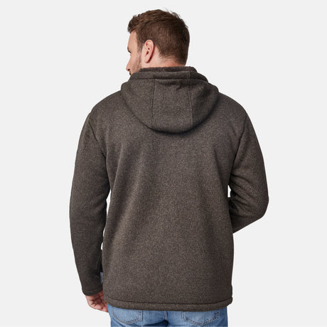 [Joe is 6'0" wearing size M.] Man wearing a brown hooded jacket on a white background