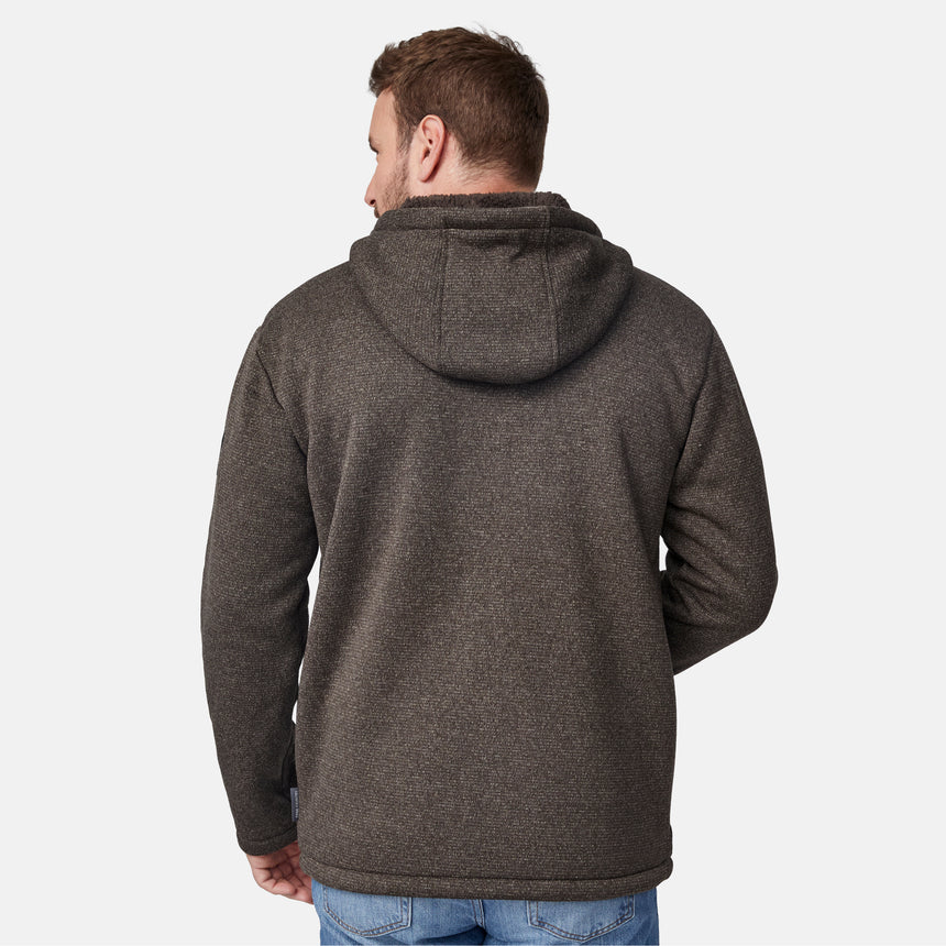 [Joe is 6'0" wearing size M.] Man wearing a brown hooded jacket on a white background