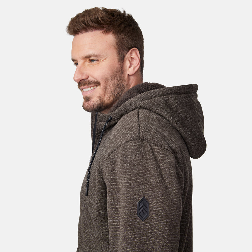 [Joe is 6'0" wearing size M.] Man wearing a brown hooded jacket on a white background