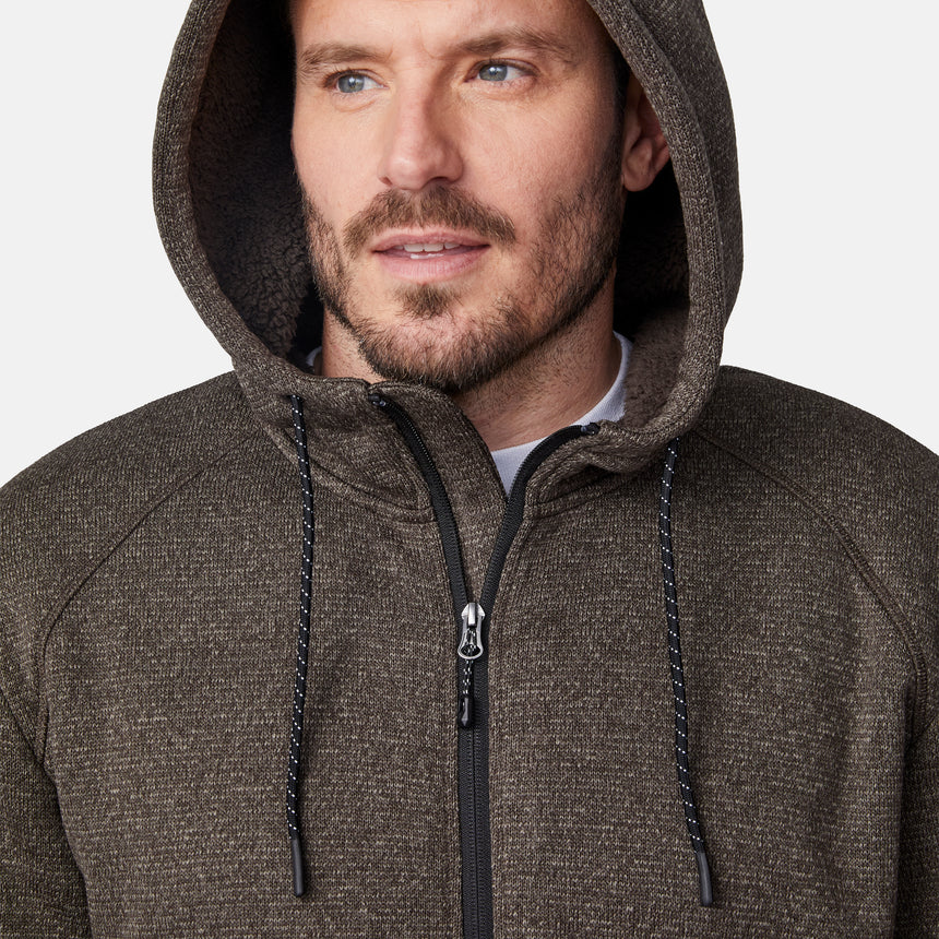 [Joe is 6'0" wearing size M.] Man wearing a brown hooded jacket on a white background