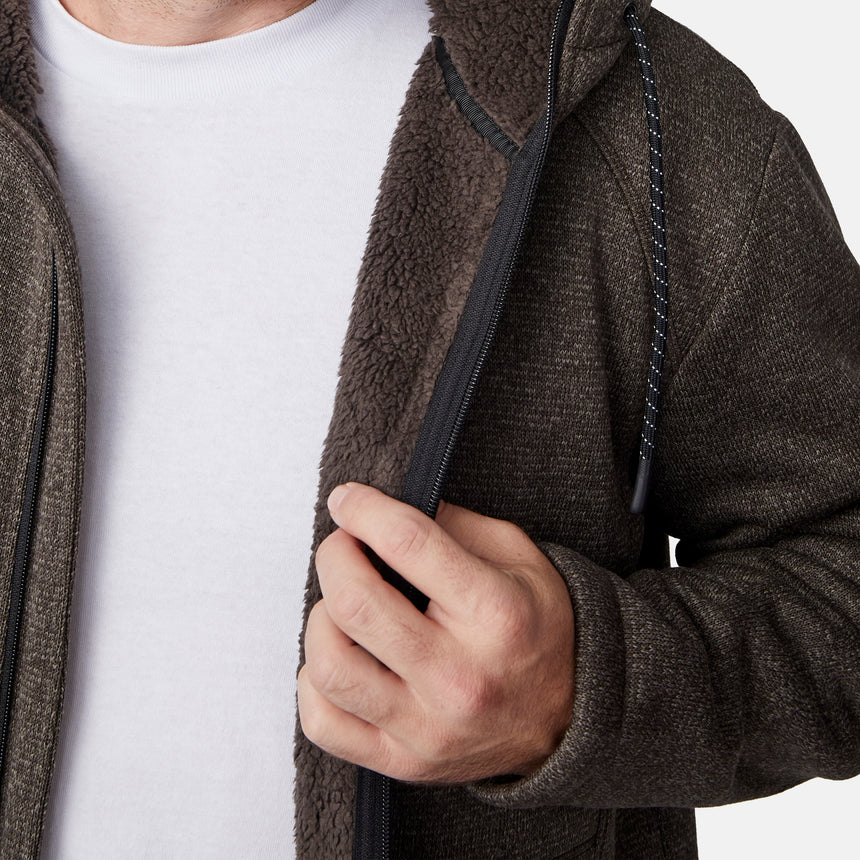 [Joe is 6'0" wearing size M.] Man wearing a brown hooded jacket on a white background