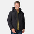 [Kolby is 6’2” wearing size M.] Men’s Free Country black zip-front jacket with hood, zippered side pockets, and subtle logo on the left chest—layered over a green crewneck tee and paired with blue jeans for versatile, cool-weather wear.