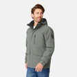 [Matt is 6’2” wearing size M.] Man wearing Free Country Men's Ski Patrol 3-in-1 Systems Jacket in grey with a full front zipper opening, an outer jacket for wind and cold weather, an inner puffer jacket, and wind resistant and water resistant stretch performance fabric, light grey background. Perfect men’s jacket for winter weather.