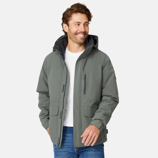 [Matt is 6’2” wearing size M.] Man wearing Free Country Men's Ski Patrol 3-in-1 Systems Jacket in grey with a full front zipper opening, an outer jacket for wind and cold weather, an inner puffer jacket, and wind resistant and water resistant stretch performance fabric, light grey background. Perfect men’s jacket for winter weather.