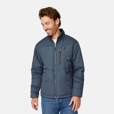 [Matt is 6’2” wearing size M.] Man wearing Free Country Men's Ski Patrol 3-in-1 Systems Jacket in grey with a full front zipper opening, an outer jacket for wind and cold weather, an inner puffer jacket, and wind resistant and water resistant stretch performance fabric, light grey background. Perfect men’s jacket for winter weather.
