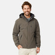 [Matt is 6'2" wearing size M.] Men’s Free Country brown zip-front hooded jacket with chest pocket and angled side pockets—layered over a gray crewneck shirt and beige pants for a casual, lightweight outdoor look.