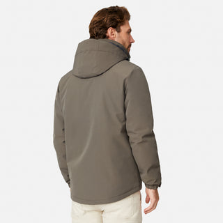 [Matt is 6'2" wearing size M.] Men’s Free Country brown zip-front hooded jacket with chest pocket and angled side pockets—layered over a gray crewneck shirt and beige pants for a casual, lightweight outdoor look.