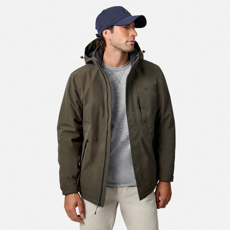 Man wearing a dark olive Denali insulated jacket with hood partially zipped over a gray tee.