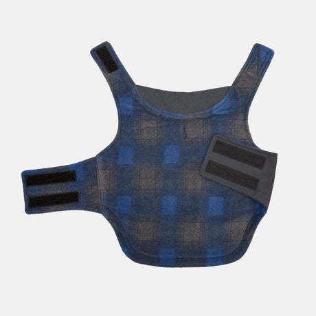 The Clearance Brawny Canvas Reversible Dog Work Jacket, shown in blue and gray plaid with black velcro straps and water-resistant fabric, is laid flat on a white background.
