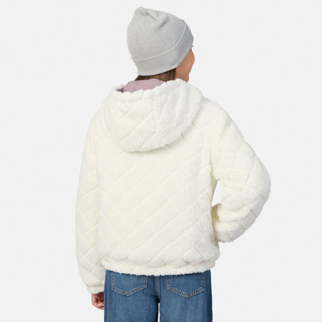 A child shown from the back wearing a cream-colored, diamond-quilted faux-fur hooded jacket, a light gray knit beanie, and blue jeans against a plain white background.