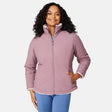 [Angelique is 5'10" wearing size S.] Woman wearing a pink quilted reversible Free Country jacket on a white background