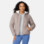 [Angelique is 5'10" wearing size S.] Light brown quilted reversible jacket with fleece-lined hood, zip front, and pockets; worn over grey shirt and blue pants.