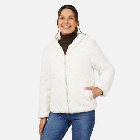 [Olga is 5'9" wearing size S.] Light quilted hooded jacket with zip front and padded warmth; styled over dark turtleneck and blue jeans.