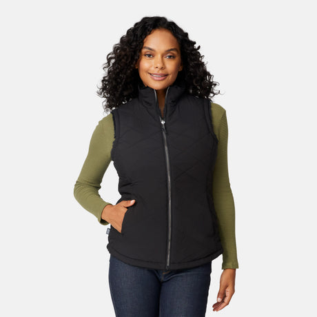 [Angelique is 5'10" wearing size S.] Woman wearing a black vest over an olive green long-sleeve shirt on a white background