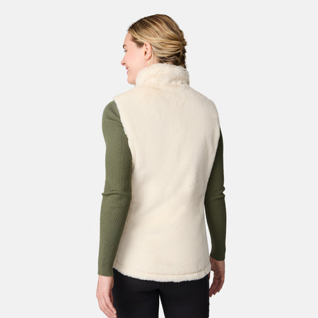 [CJ is 5'10" wearing size S.] Woman wearing a cream and green fleece vest on a white background