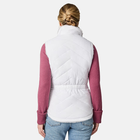 [CJ is 5'10" wearing size S.] Person wearing a white quilted vest with pink sleeves on a white background