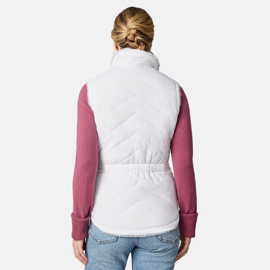 [CJ is 5'10" wearing size S.] Person wearing a white quilted vest with pink sleeves on a white background