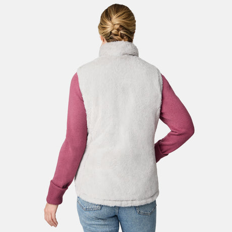 [CJ is 5'10" wearing size S.] Person wearing a light gray vest over a pink long-sleeve shirt on a white background