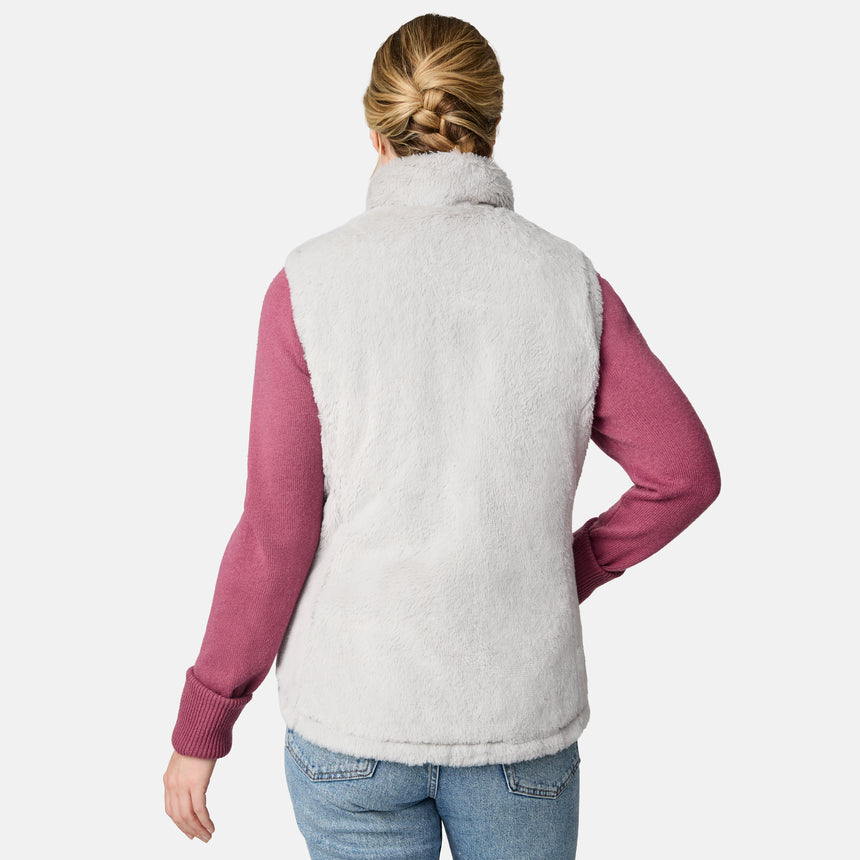 [CJ is 5'10" wearing size S.] Person wearing a light gray vest over a pink long-sleeve shirt on a white background