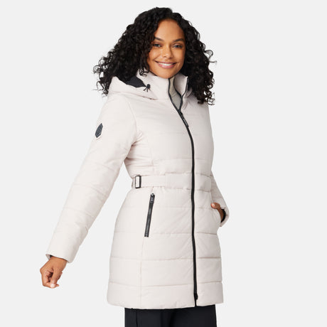 [Angelique is 5'10" wearing size S.] Woman wearing a white long puffer coat with black accents on a white background
