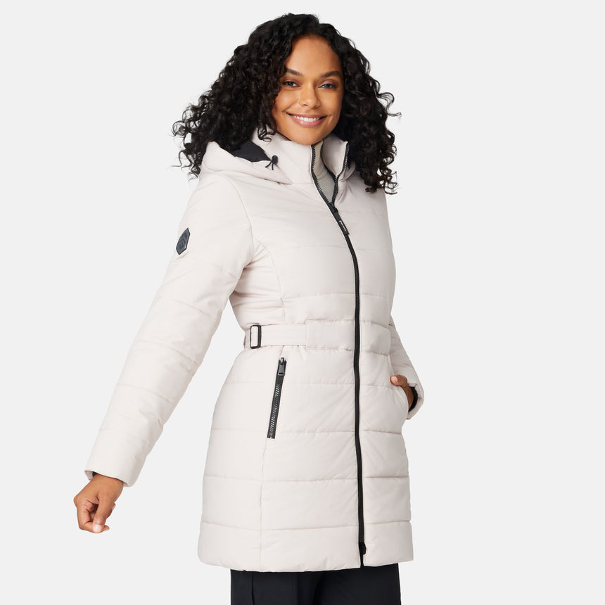 [Angelique is 5'10" wearing size S.] Woman wearing a white long puffer coat with black accents on a white background